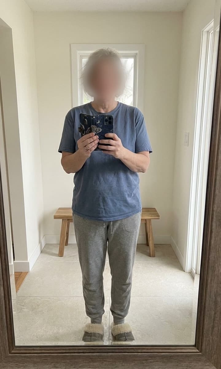 Ana before, in a T-shirt and sweatpants