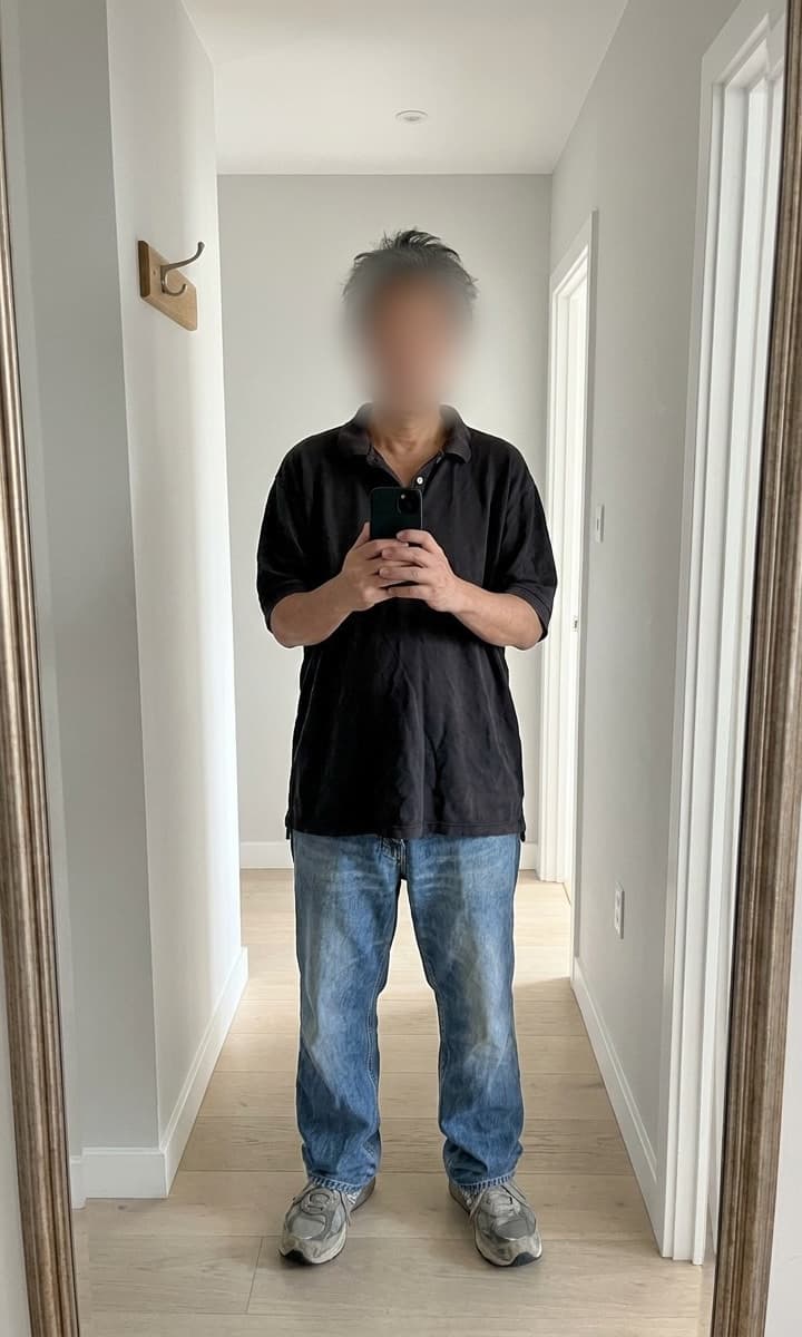 Kenji before, in a polo and jeans