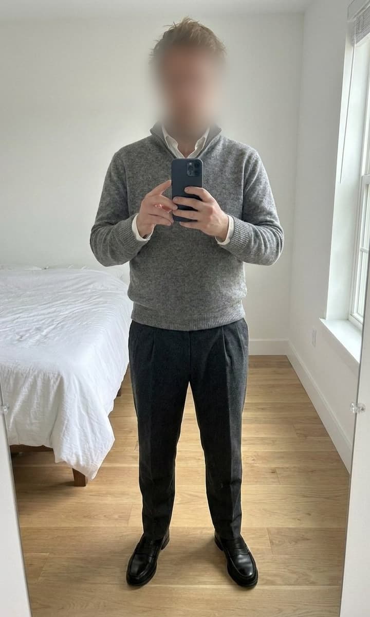 Rafael after, in a grey sweater and tailored trousers